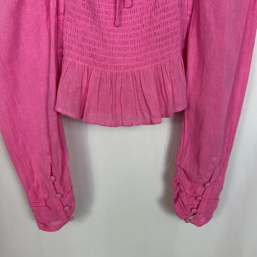Free People Women’s Top Chloe Aurora Pink Smoked Tie Back Size M Long‎ Sleeve